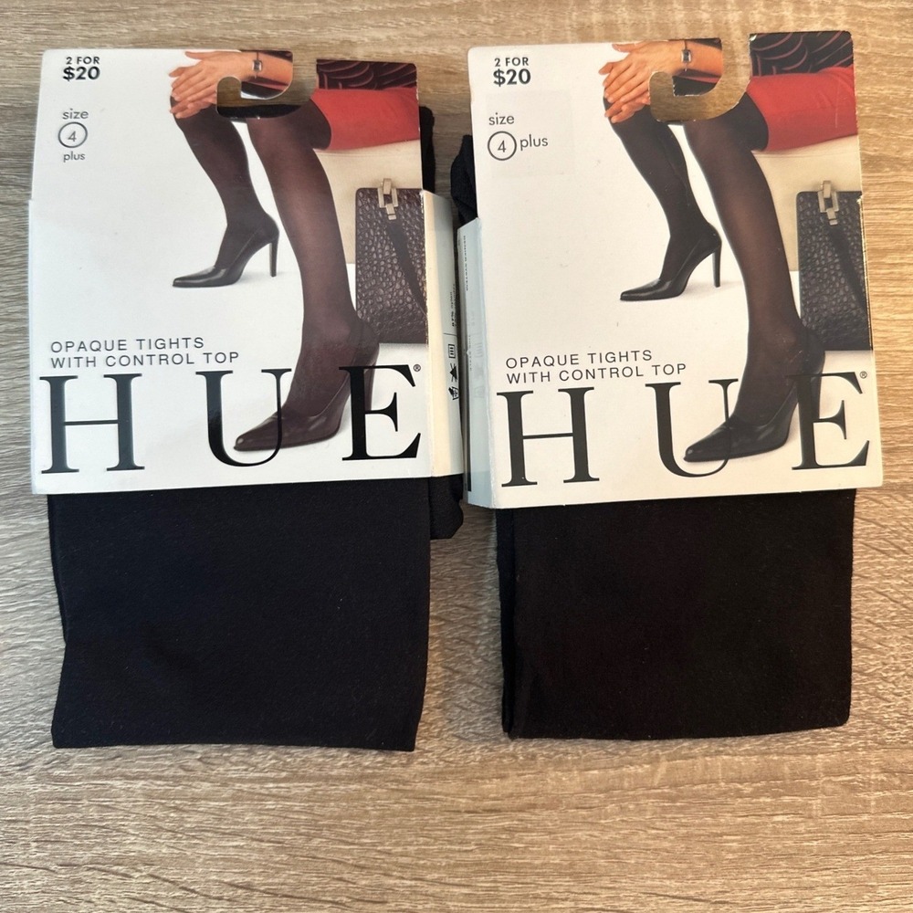 HUE Opaque Control Top Tights Plus Size 4 Black Lot of 2 Legwear Career Goth Emo